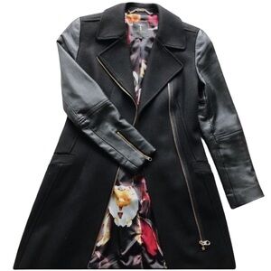 Ted Baker London Alycia Black Wool Cashmere Coat Leather Sleeves US Size 10-12